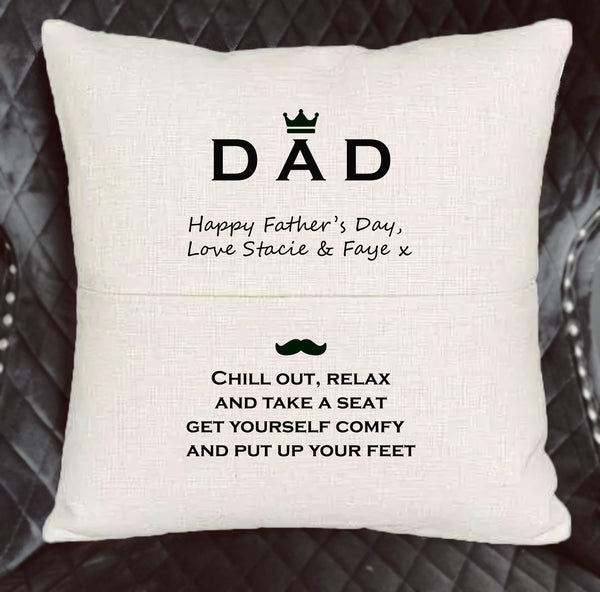Personalised Dad pocket cushion. Dad pillow gift.