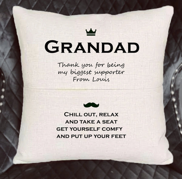 Personalised Grandad Pocket cushion gift. Custom grandad pillow.