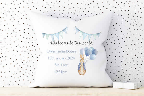 Personalised new baby cushion, Birth announcement gift.