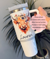 Personalised brown cow 40oz tumbler. decorated Highland cowTravel cup. stainless steel thermal tumbler. stanley inspired cup