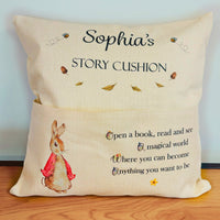 Personalised Peter Rabbit inspired story book cushion