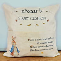 Personalised Peter Rabbit inspired story book cushion