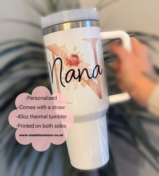 Personalised Flower letter name 40oz tumbler. decorated name Travel cup. stainless steel thermal tumbler. stanley inspired cup.