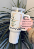 Personalised Flower letter name 40oz tumbler. decorated name Travel cup. stainless steel thermal tumbler. stanley inspired cup