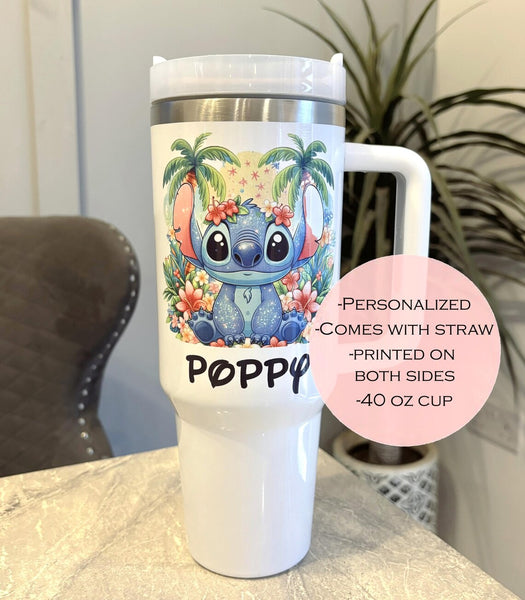 Personalised stitch 40oz tumbler. decorated Travel cup. stainless steel thermal tumbler. stanley inspired cup.