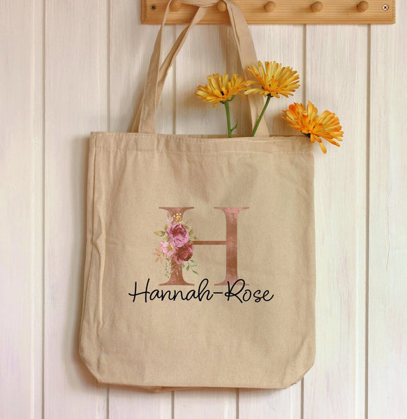 Personalised Name floral tote bag