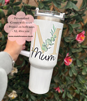 Personalised Flower letter name 40oz tumbler. decorated name Travel cup. stainless steel thermal tumbler. stanley inspired cup