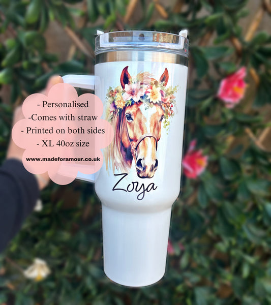 Personalised horse 40oz tumbler. Equestrian thermal cup gift.