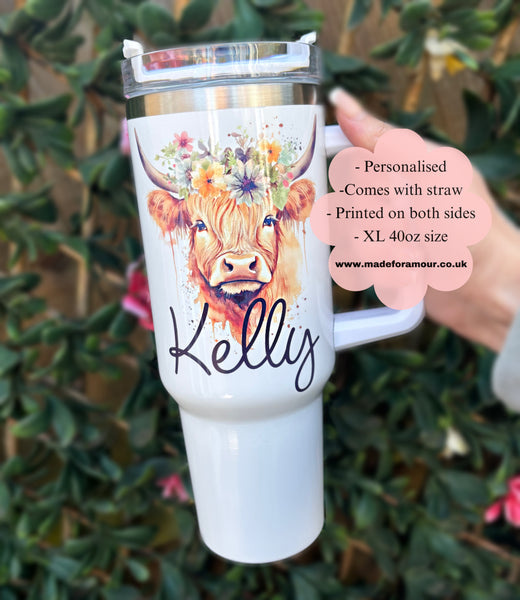Personalised brown cow 40oz tumbler. decorated Highland cowTravel cup. stainless steel thermal tumbler. stanley inspired cup